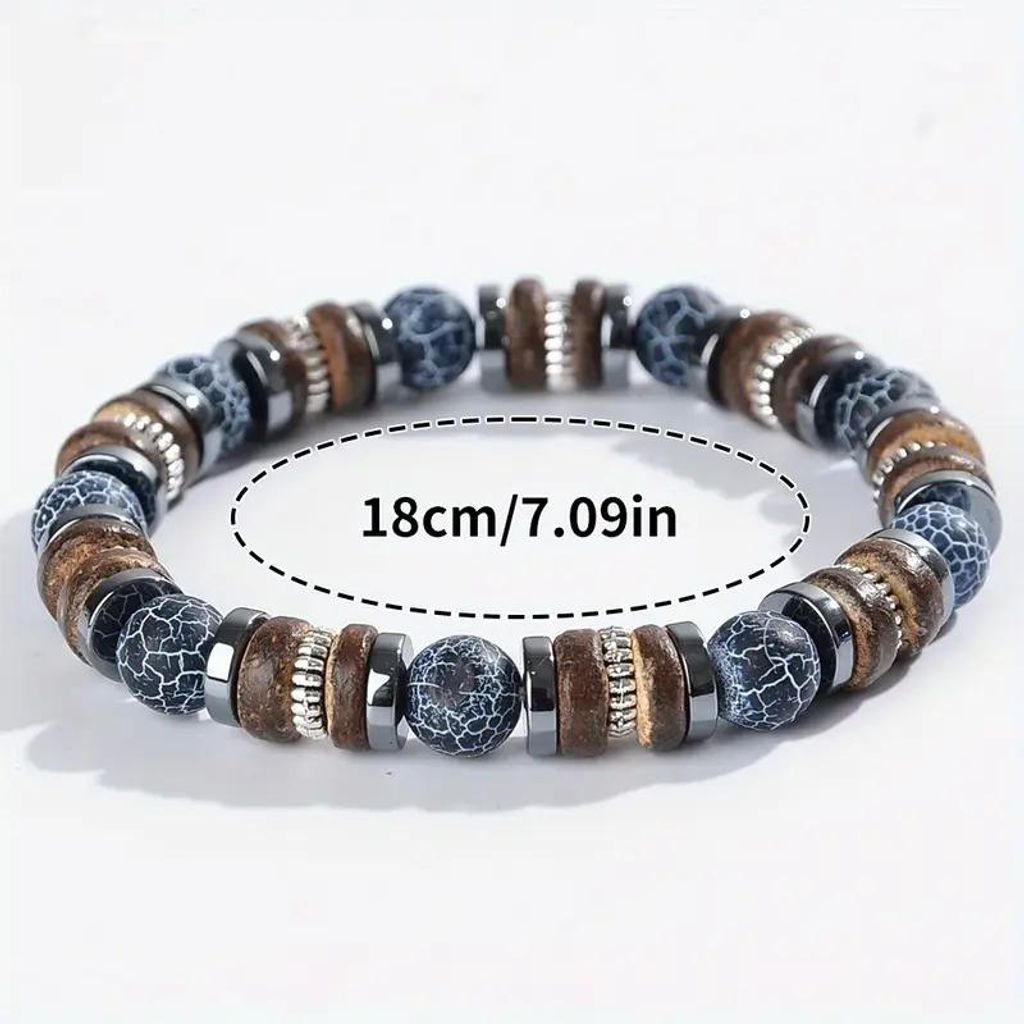Elastische armband met parels van gepolijste steen, houten Productafbeelding 