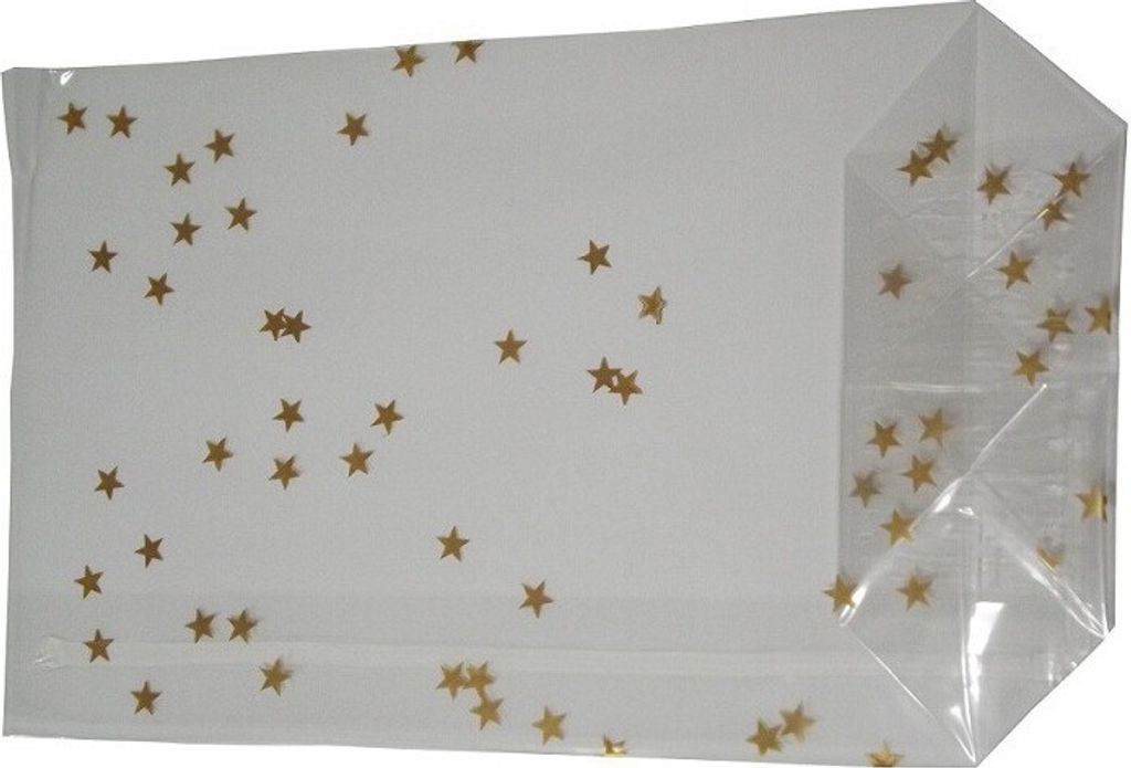 500 OPP-Blockbodenbeutel mit Siegelnaht Weihnachtsbeutel mit Sternen Gold 95x160mm