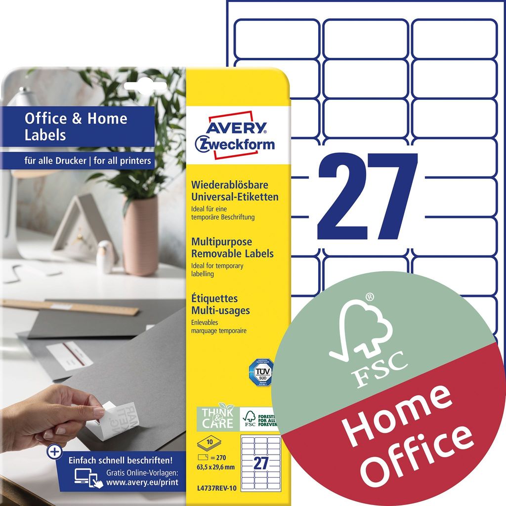 Avery Zweckform L4737REV-10 universele etiketten, 63,5 x Productafbeelding 