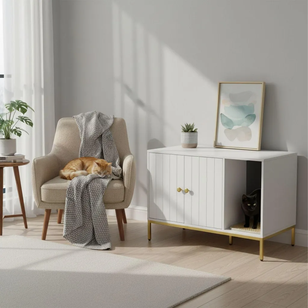 Meuble litière chat avec structure métal robuste et double porte battante
