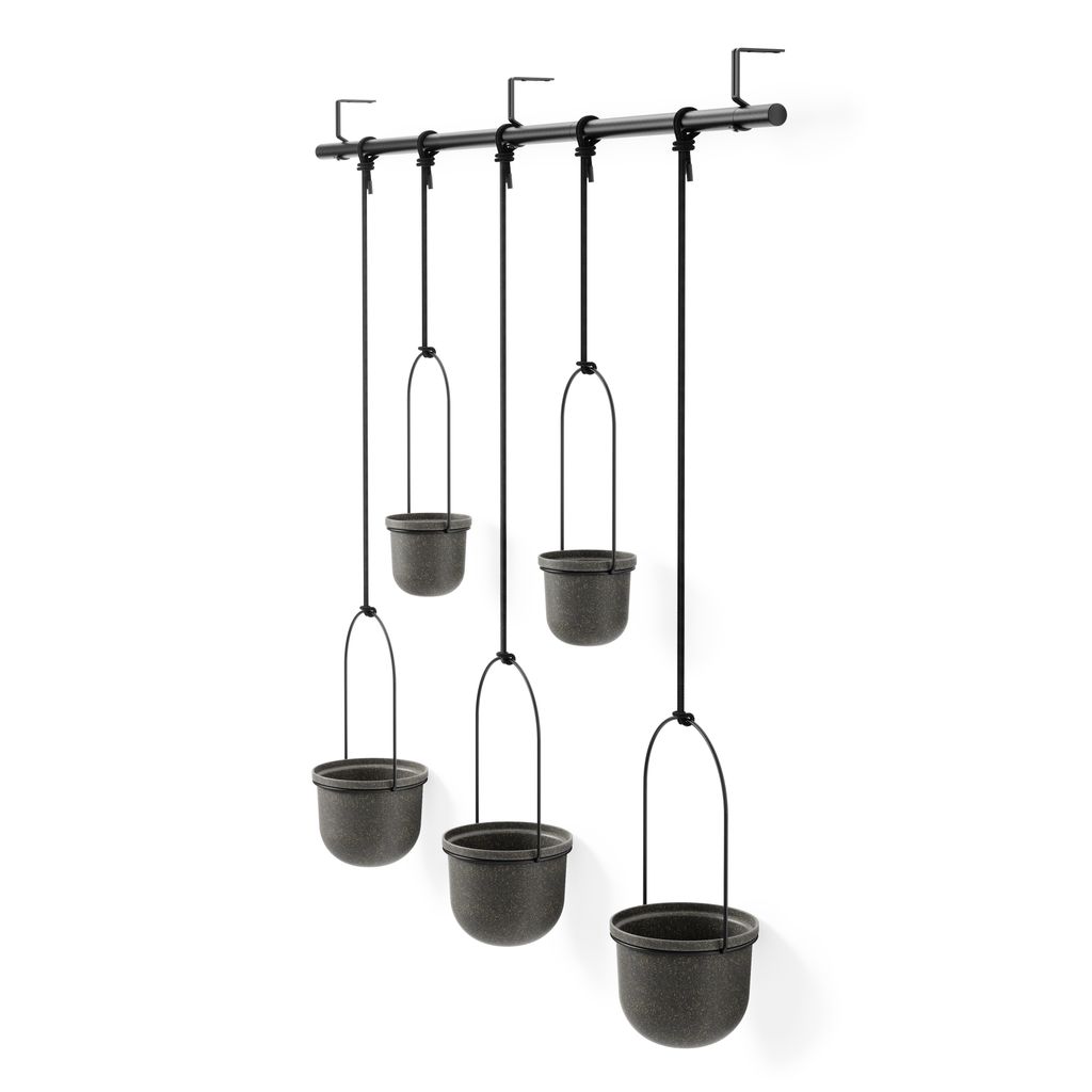 A set of five hanging planters suspended from a black rod against a white background.