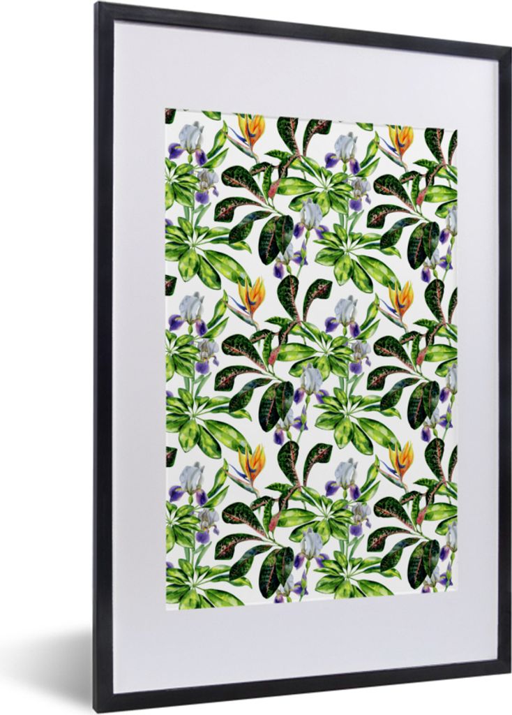 MuchoWow MuchoWow Gerahmtes Poster Paradiesvogelpflanze - Blätter - Muster 40x60 cm - Poster mit zchwarzem Bilderrahmen - Poster in Rahmen