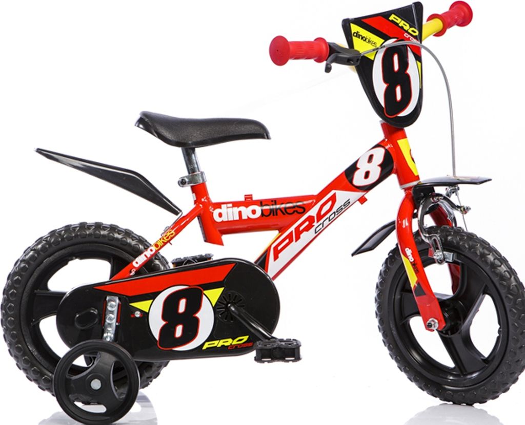 A red and black children's bicycle with training wheels, displayed on a white background.