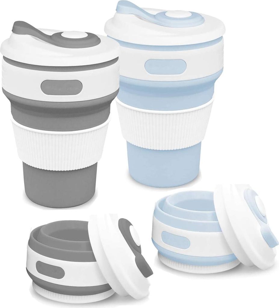 Faltbare Becher, 2 tragbare Silikonbecher, Reisekaffeebecher, wiederverwendbare faltbare Reisebecher, Campingbecher mit Deckel und Klappdeckel