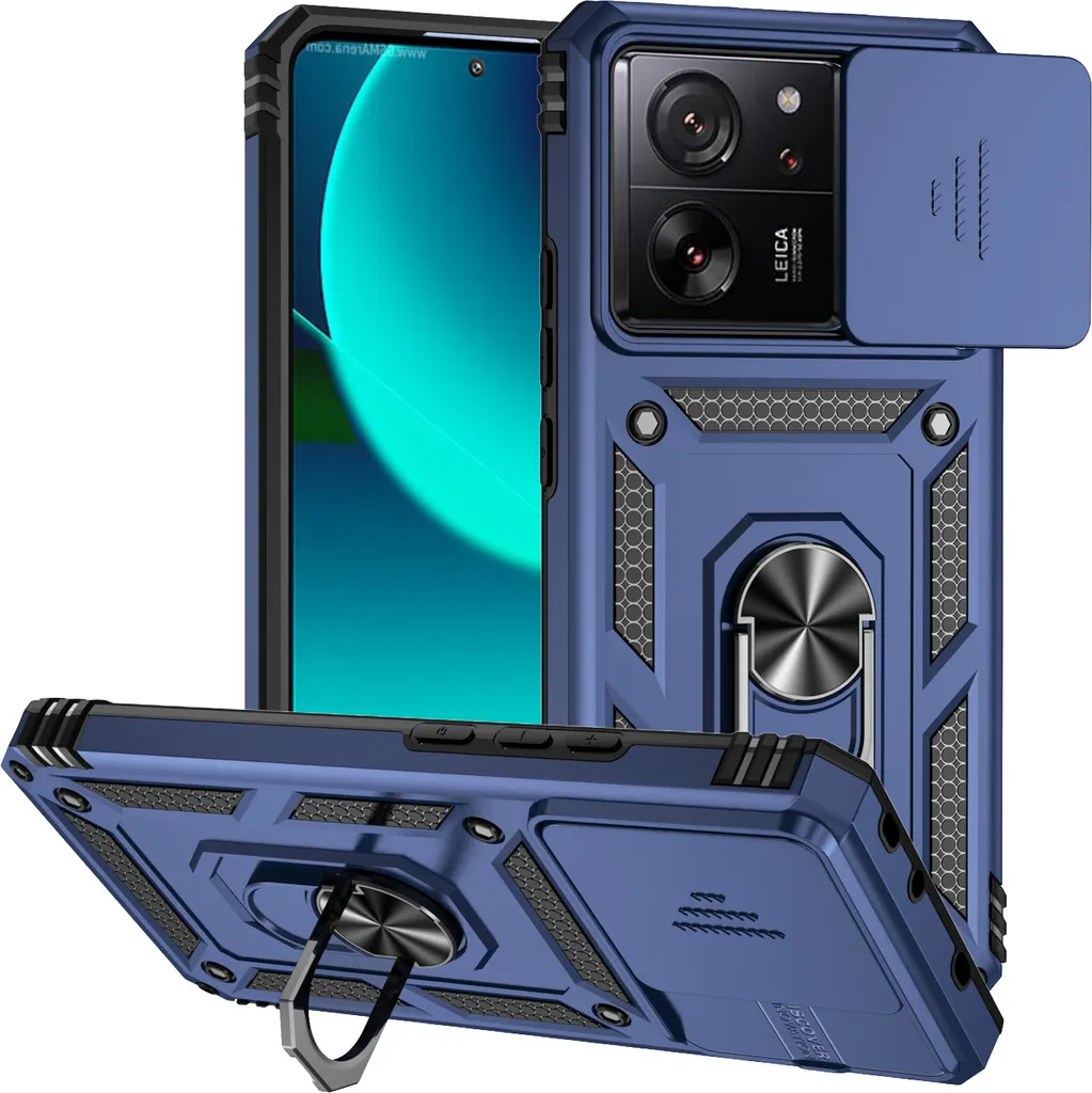 Custodia per Xiaomi 13T /13T Pro / Redmi K60 Ultra a doppio strato con copertura scorrevole della fotocamera e supporto ad anello blu
