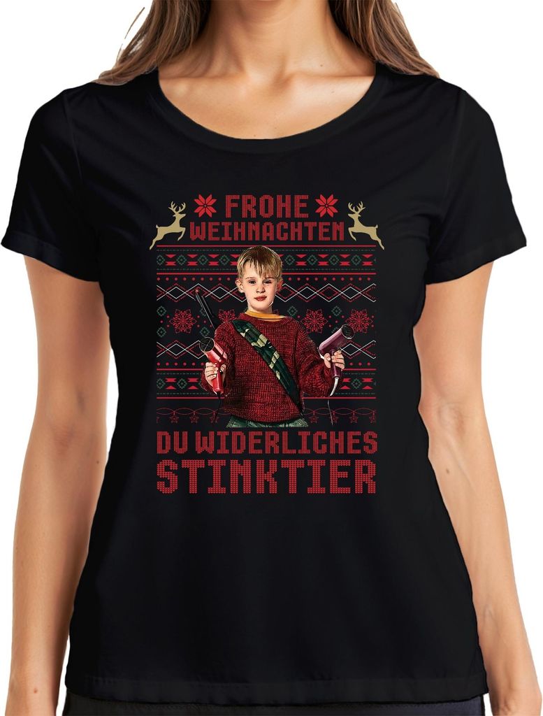 Frohe Weihnachten Du widerliches Stinktier Kevin Allein Zuhaus Damen T-Shirt, Schwarz, L