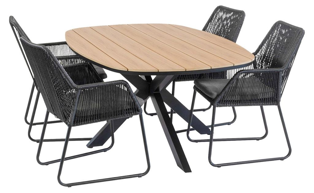 5-teiliges Garten-Set | 4 Mona Gartenstühle | Cadiz Gartentisch 180 x 115 cm | Schwarz