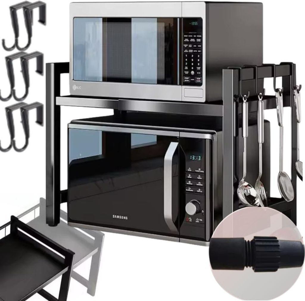 A kitchen organizer rack holding two microwaves, with various kitchen utensils hanging from the side.