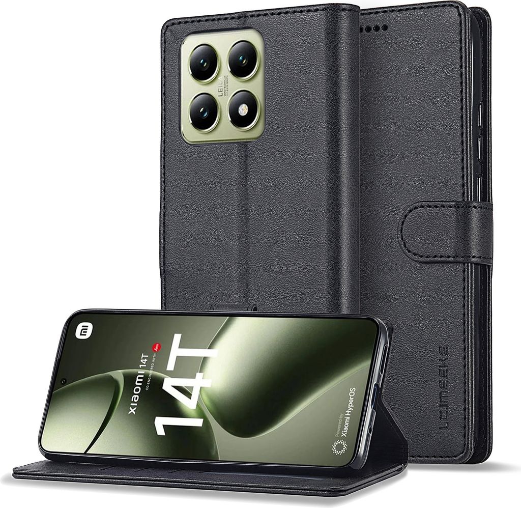 A black leather flip case for a Xiaomi 14T Pro phone is shown with the phone inside, displaying its screen.