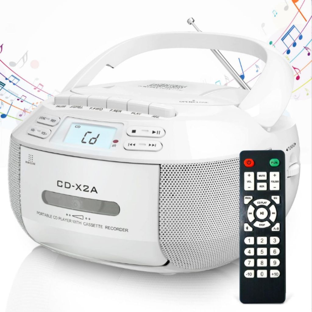 AIORBER Multifunktionaler CD Player, Bluetooth 5.1 Tragbar Kassettenradio mit USB, MP3, AM/FM, Fernbedienung, Weiß