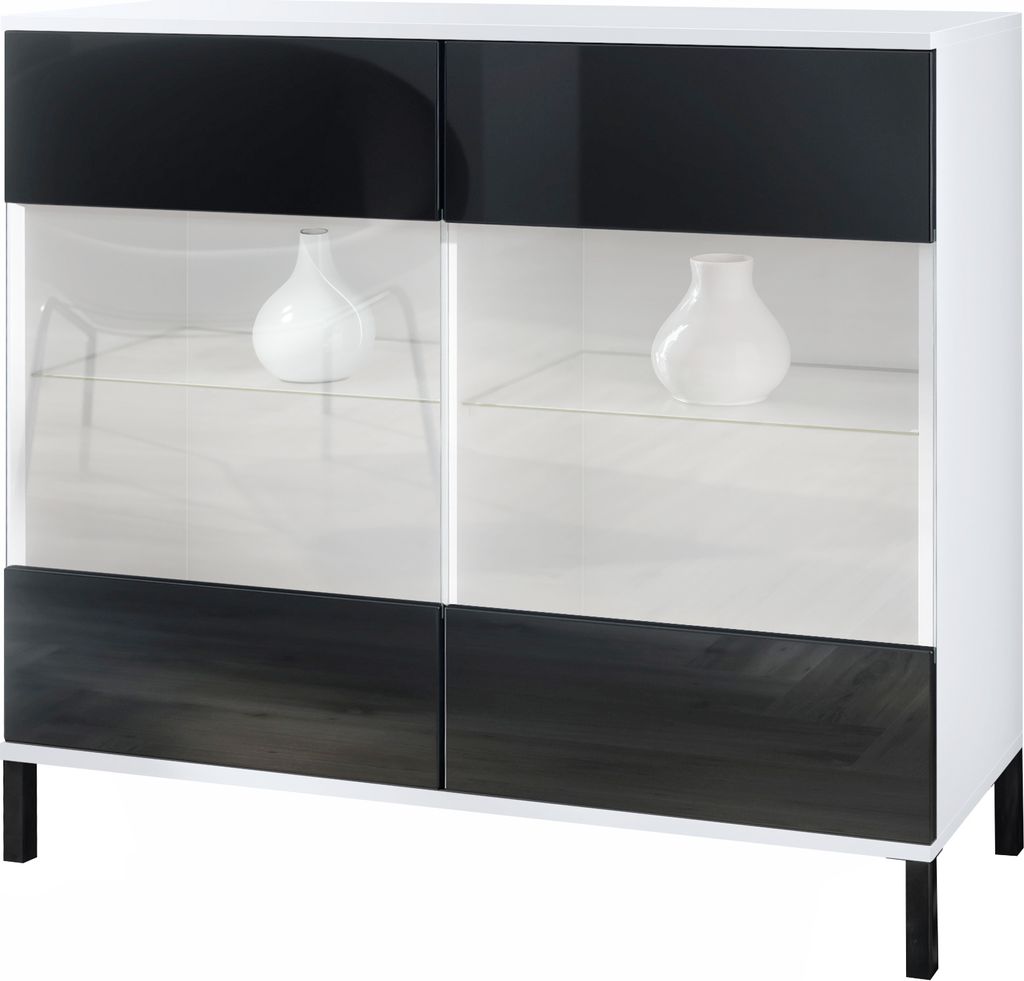 Vladon Kommode Bari V3, Moderner Küchenschrank mit 2 großen Glastüren inkl. RGB Beleuchtung Weiß matt / Schwarz Hochglanz (92,5 x 83.5 x 35)