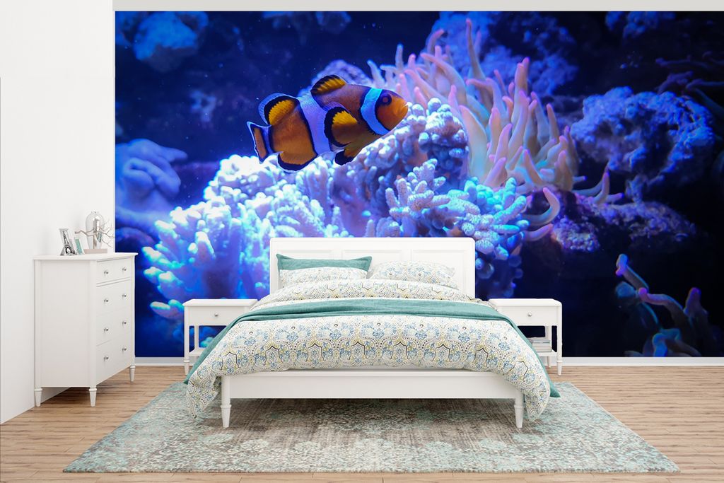 MuchoWow Fototapete für Wohnzimmer oder Schlafzimmer Wandtapete Vinyl Motivtapete Fische - Korallen - Wasser - 465x260 cm - Hintergrundbild