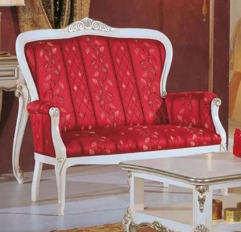 Casa Padrino Luxus Barock Sofa Rot / Weiß / Silber - Edles Wohnzimmer Sofa mit elegantem Muster - Barock Möbel - Luxus Qualität - Italy