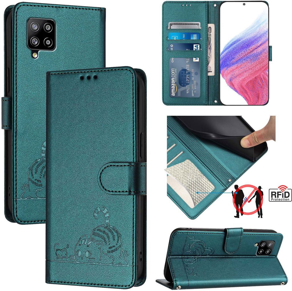 Leder Hülle für Samsung Galaxy A42 5G/M42 Süße Katze Flip Case Brieftasche Schutzhülle mit Standfunktion Grün