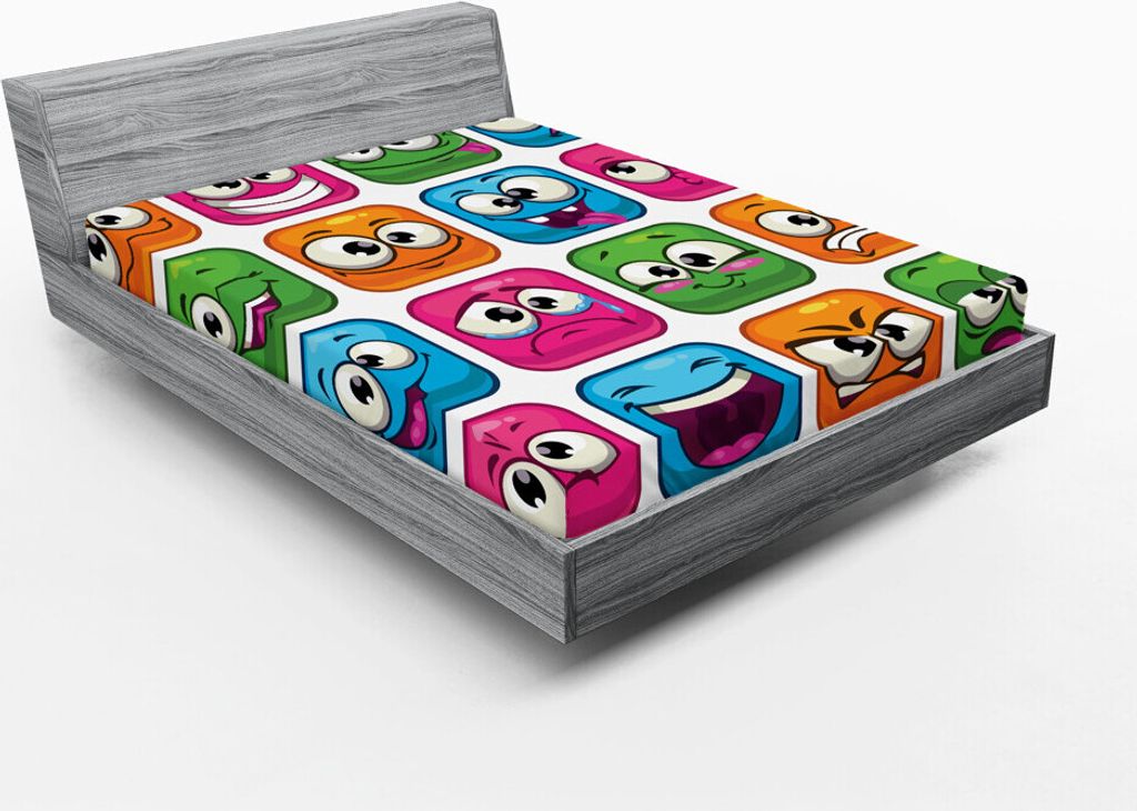 ABAKUHAUS Komisch Spannbetttuch, Digitale Cartoon Stil Für Kinder Smiley Gesicht Ausdruck Monster Comic Avatar Druck, 120 x 190 cm, Mehrfarbig