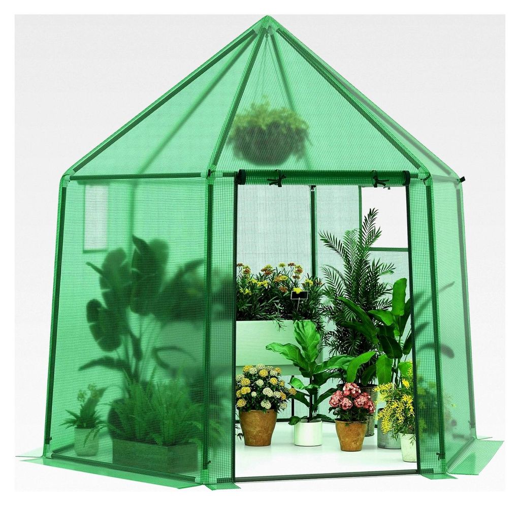 Gewächshaus mit Allwetter-PE-Abdeckung, Rolltür und Fenstern, Foliengewächshaus für Tomaten und Topfpflanzen, 198 x 172 x 190 cm, Grün