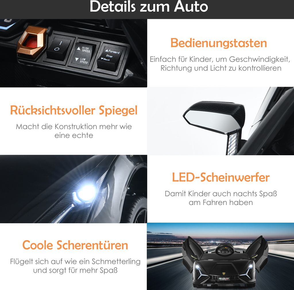 COSTWAY Samochód dziecięcy Lamborghini 12V z pilotem 2.4G, Zdjęcie produktu 4