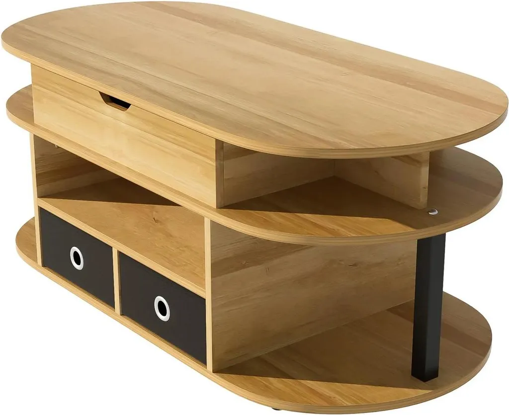 Table basse de salon ovale jaune en bois pour petit espace avec étagère