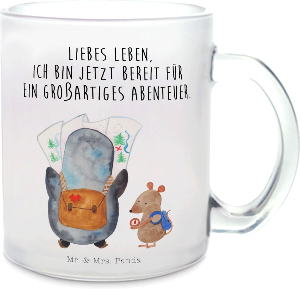 Mr. & Mrs. Panda Teetasse Pinguin & Maus Wanderer - Transparent - Geschenk, Motivtasse, Häferl, Abenteuer, Haferl, Roadtrip, Tee Tasse, Glas, Pott...