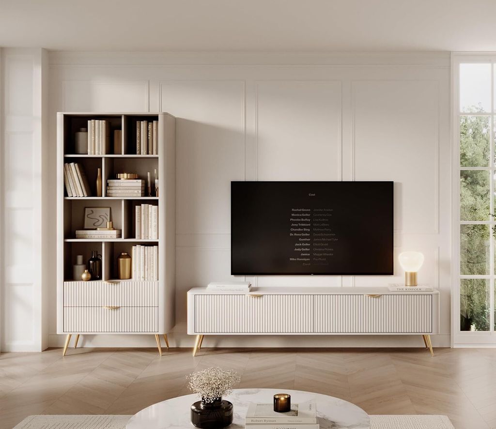 KEF Lewis Set: Regal 88,2 x 193,8 x 38 cm + TV-Tisch 200 x 51,2 x 38 cm – MDF-Fronten – Modernes Möbelset für das Wohnzimmer – Farbe Beige