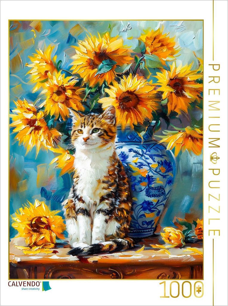 CALVENDO Puzzle Katze im Stillleben mit Sonnenblumen in Blumenvase im impressionistischen Stil | 1000 Teile Lege-Größe 64x48cm Foto-Puzzle für g...