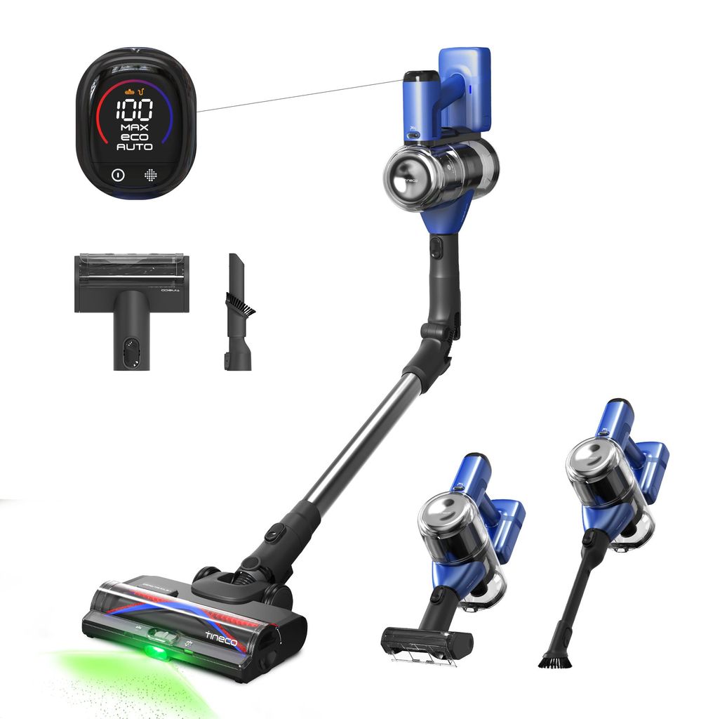 A Tineco PURE ONE S50 Pro cordless vacuum cleaner and its accessories are displayed against a white background.