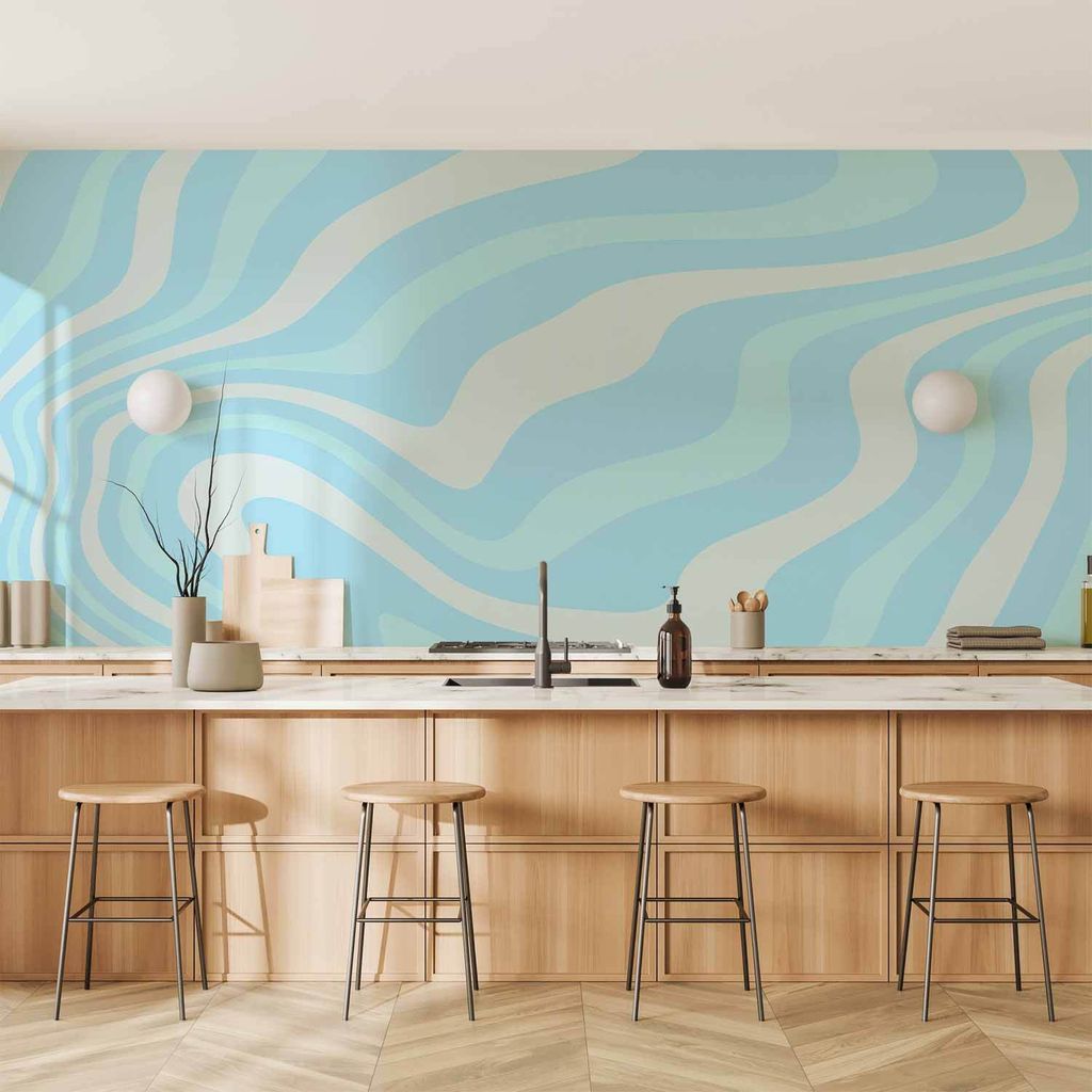 Vlies Fototapete - Composition in Blues and Whites - Harmonious Abstract Waves in a Cool Color Tone 350x245 cm Abstrakt a-C-10153-a-a