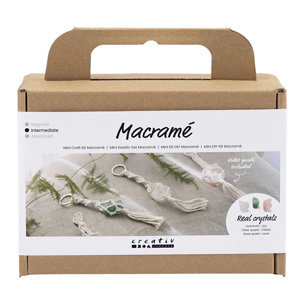 Creativ Company Mini-Hobby-Set Makramee, Schlüsselanhänger, matt transparent, staubiges Grün, zartes Rosa, helles Natur, 1 Box