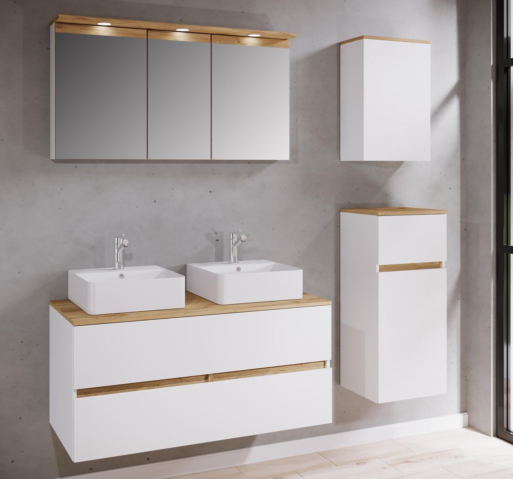 VCM 6-tlg. Doppelwaschtisch Cosila mit 2 Keramikbecken – Badschrank H. 51 x B. 111 x T. 51 cm mit 2 Softclose-Schubladen, Spiegelschrank mit Bel...