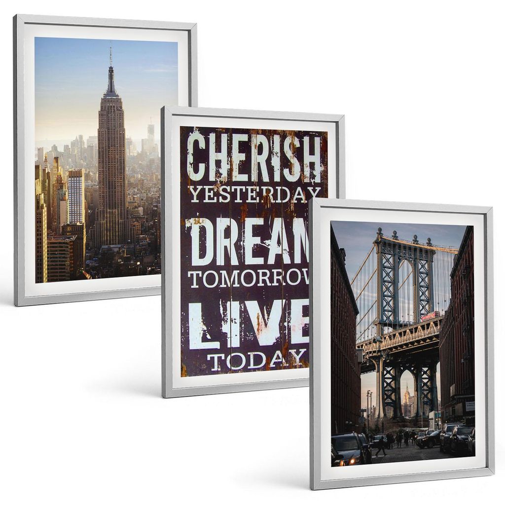 Bilder Set 3-teilig im silbergerahmten Rahmen – Wandbilder 3 Stück – gerahmte Poster für Wohnzimmer, Schlafzimmer und Flur – 40x60 cm – Z...