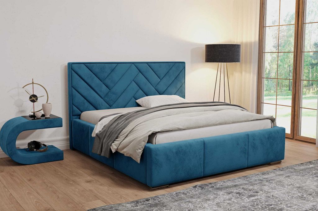 AGMAT Polsterbett VENUS mit Kopfteil, 140 x 200 cm, Doppelbett mit Bettkasten und Lattenrost aus Metall, Velourstoff: Blau