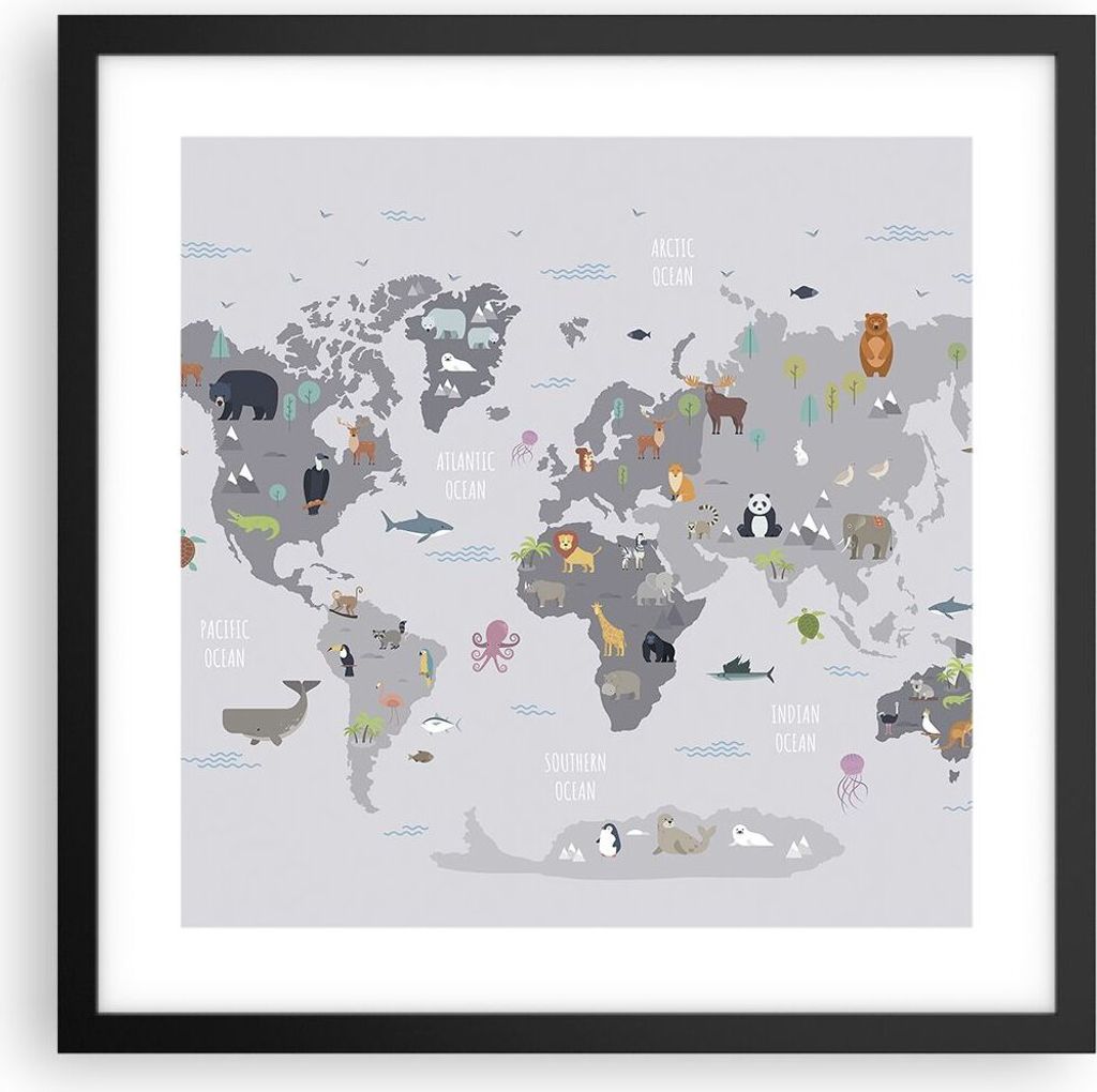 Gerahmtes Poster - Schwarzer Rahmen - Karte die Welt Kontinente - 40x40 cm - Wand Bild - Wanddeko - Wandbilder - Kunstposter - Wandposter - Bilderr...