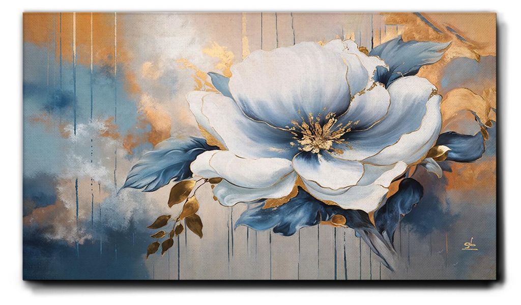 Giallobus - 25 - Weiße und goldene Blumen - Giallobus - 35L x 20B cm - Bild - Premium Loom Canvas mit hoher Dicke