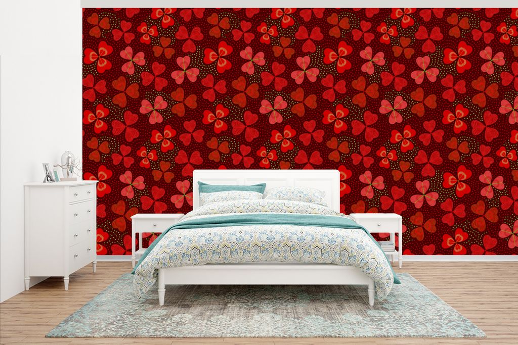 MuchoWow Fototapete für Wohnzimmer oder Schlafzimmer Wandtapete Vinyl Motivtapete Muster - Klee - Rot - 500x280 cm - Fototapeten
