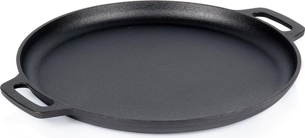 A black cast iron frying pan with two handles is shown from a slightly elevated angle against a white background.