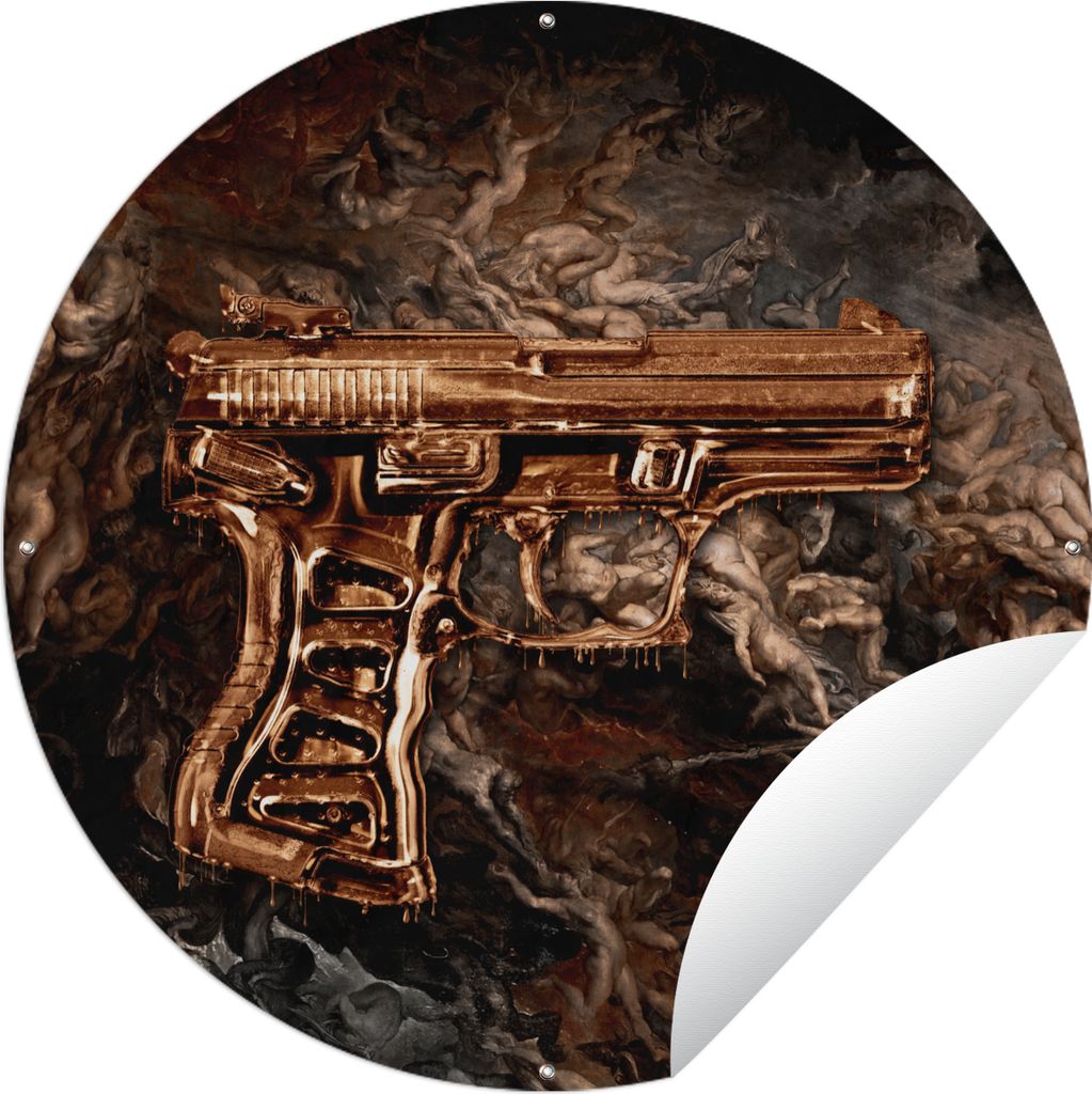 MuchoWow Gartenposter Outdoor-Poster Rund Pistole - Gold - Schwarz Ø 60 cm Gartendeko Rundes Poster draußen