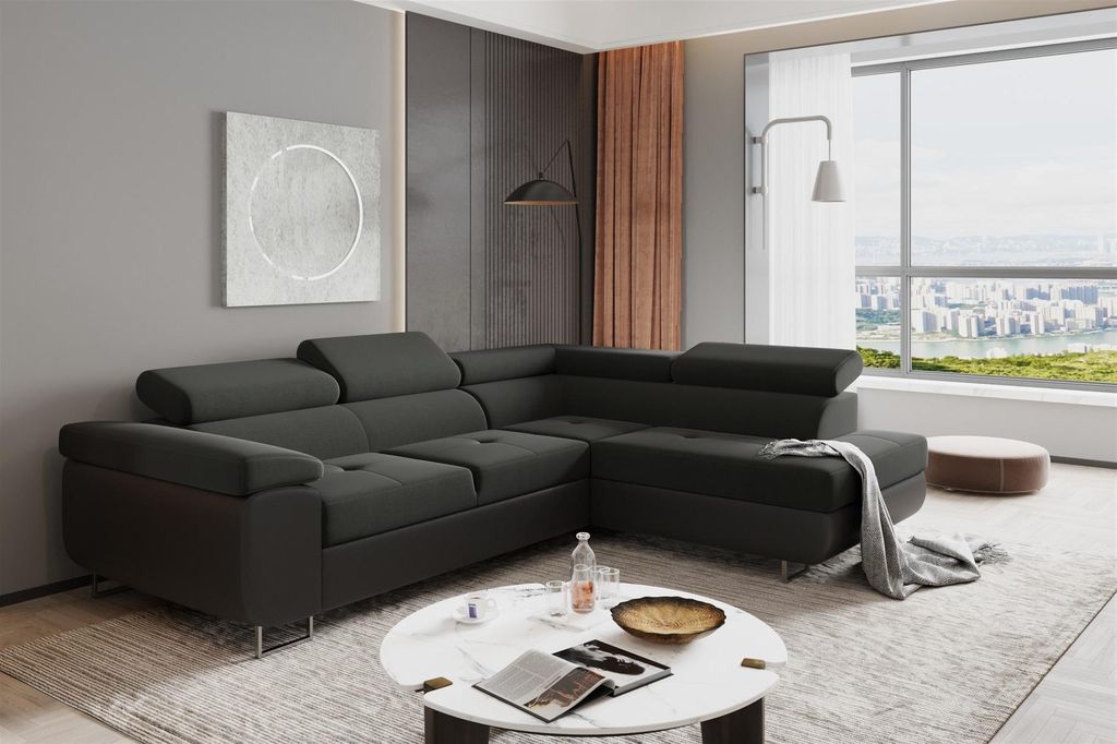 Couchgarnitur JADE Schwarz mit Schlaffunktion Ottomane Rechts