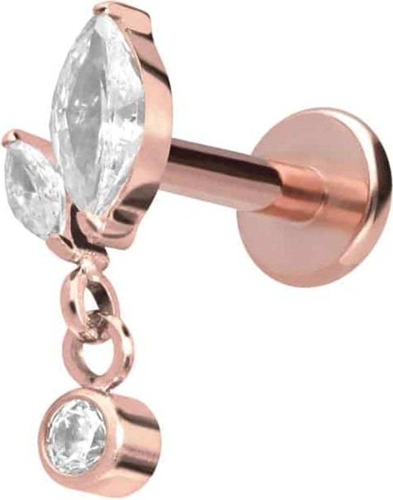 Ohrpiercing, Nasenpiercing Titan Labret mit Innengewinde KNOSPE + KRISTALL RoséGold Stablänge: 8mm | Stabstärke: 1,6mm