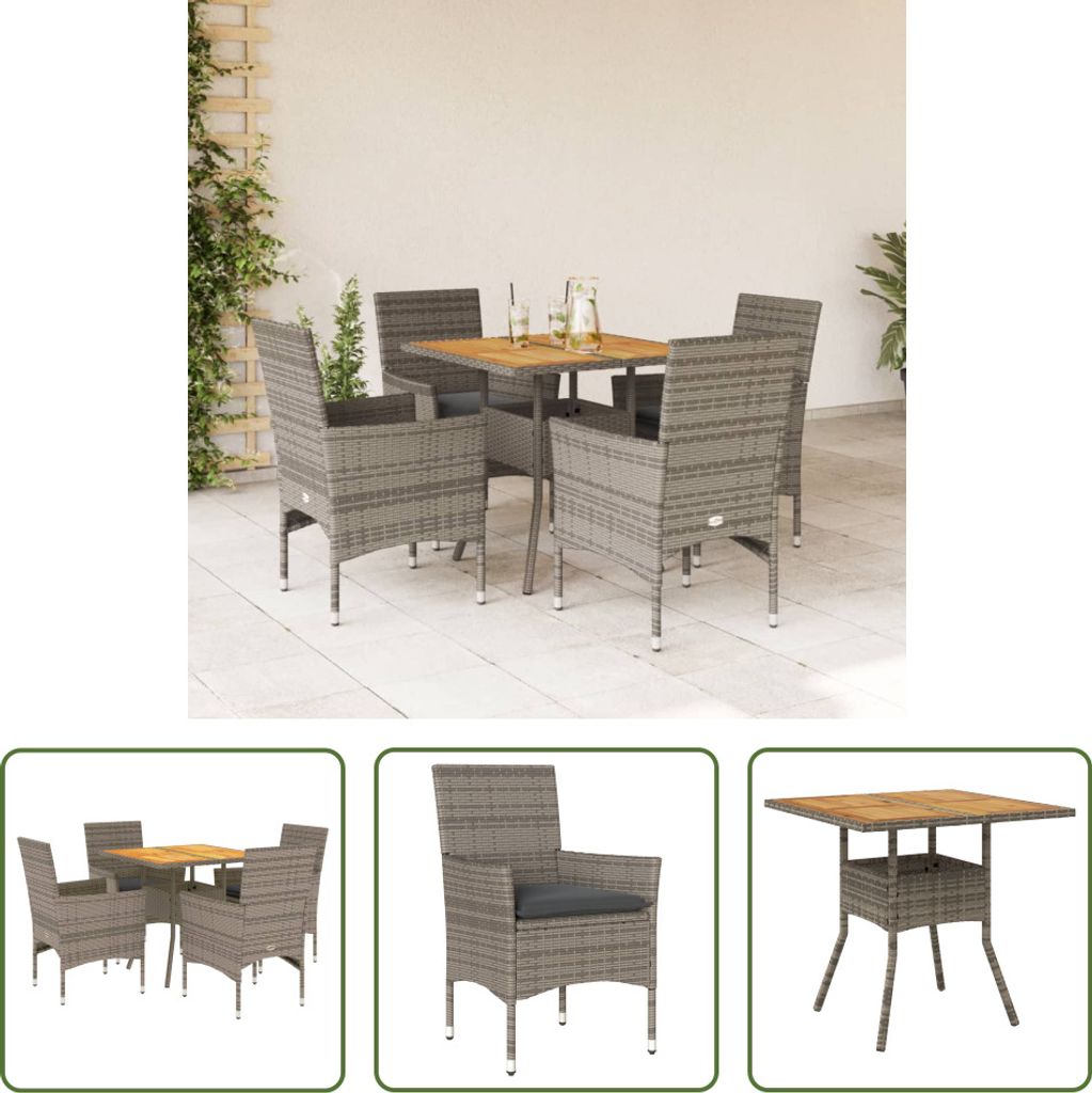 The Living Store 5-tlg. Garten-Essgruppe mit Kissen Grau Poly Rattan Akazie