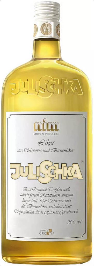 A bottle of Julischka liqueur against a white background.