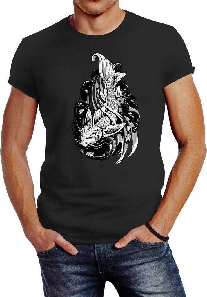 Herren T-Shirt Koi Fisch Japan Japenese Slim Fit Baumwolle Neverless anthrazit S