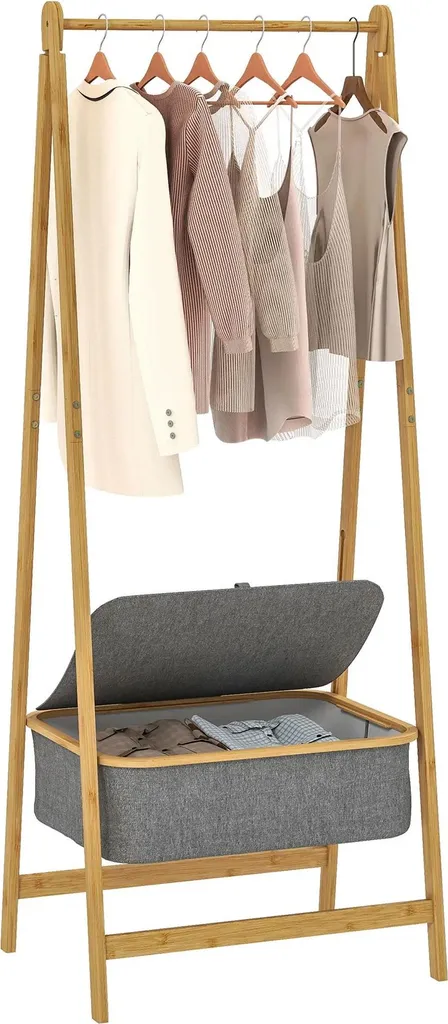 Vestiaire d'Entrée en Bambou avec Bac à Linge Sale et Penderie Grise