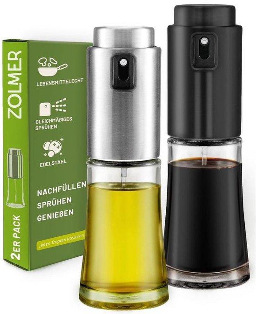 Olieverstuiver-Set für Airfryer, Küche, Kochen & Grillen – Sprühflasche aus Glas und Edelstahl – BPA-frei, nachfüllbar, feine Sprühstrahl