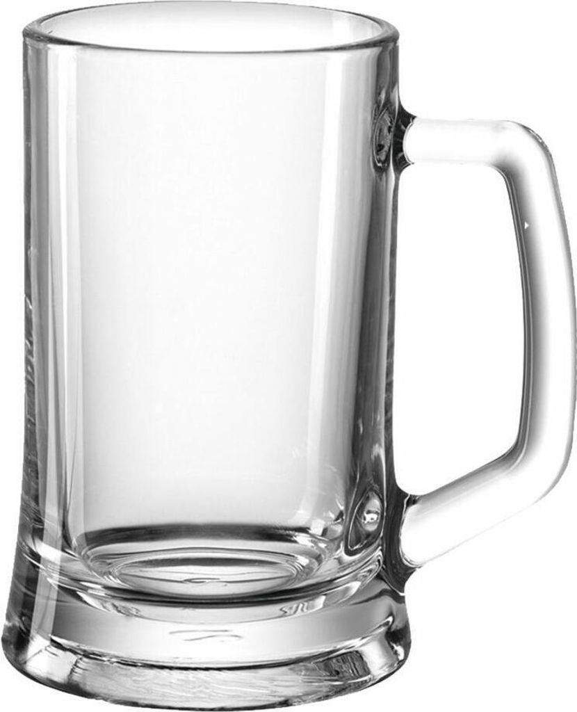 A clear, studio shot of a single, empty glass beer mug against a white background.
