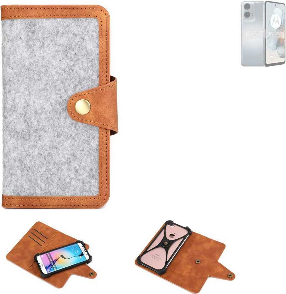 K-S-Trade Handyhülle kompatibel mit Motorola Moto G24 Power Schutzhülle Filz-Hülle Kunst-Leder hellgrau braun (1x)