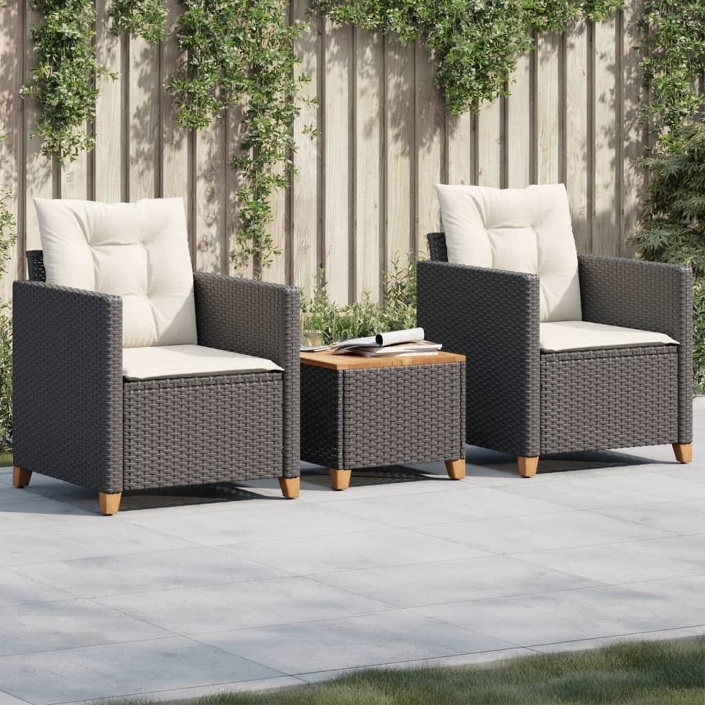 Design 3-tlg. Bistro-Set mit Kissen Schwarz Poly Rattan Akazienholz, Gartenmöbel-Sets 2024 Neu