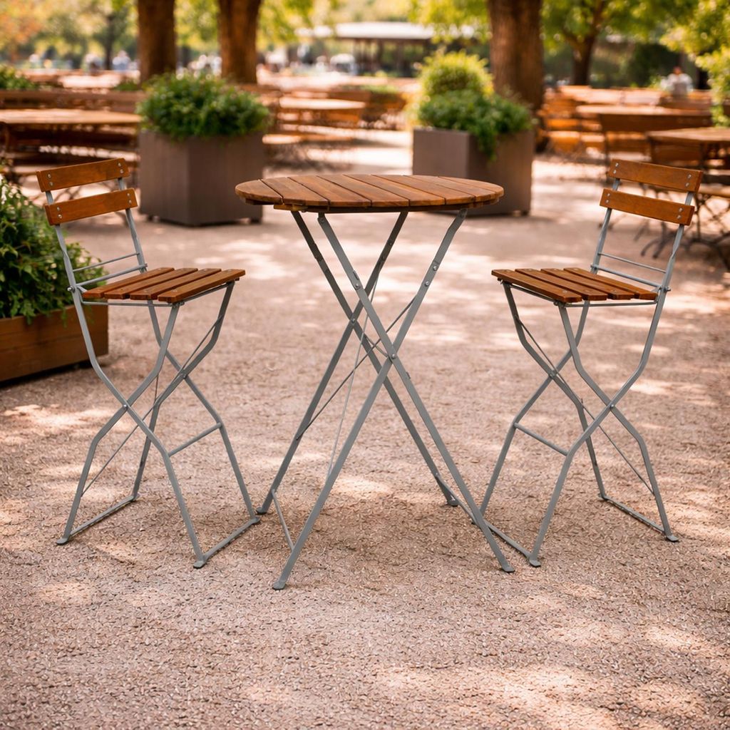 Biergarten Set Stehtisch + 2 Barhocker klappbar Akazie 80x80x110cm