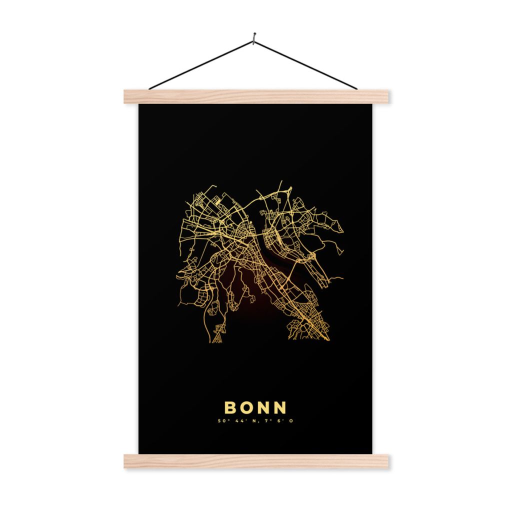 MuchoWow Textilposter Karte - Bonn - Gold - Stadtplan 60x90 cm mit holzfarbenen Rahmen - Textil