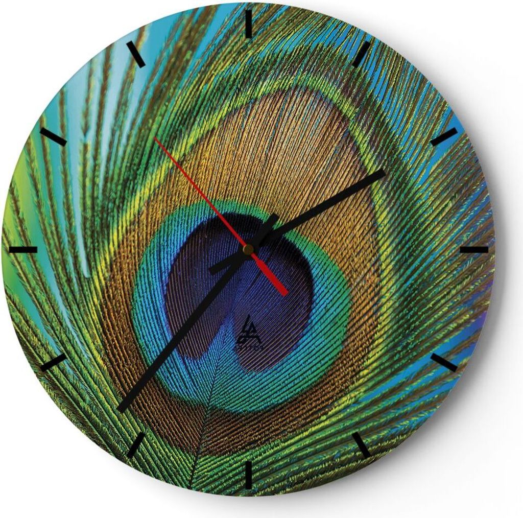 Wanduhr - Rund - Glasuhr - Pfauen Federn Regenbogen - Produktbild 