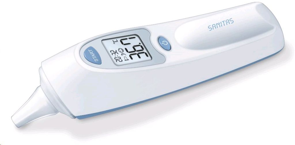 A white digital ear thermometer with a display screen and buttons.